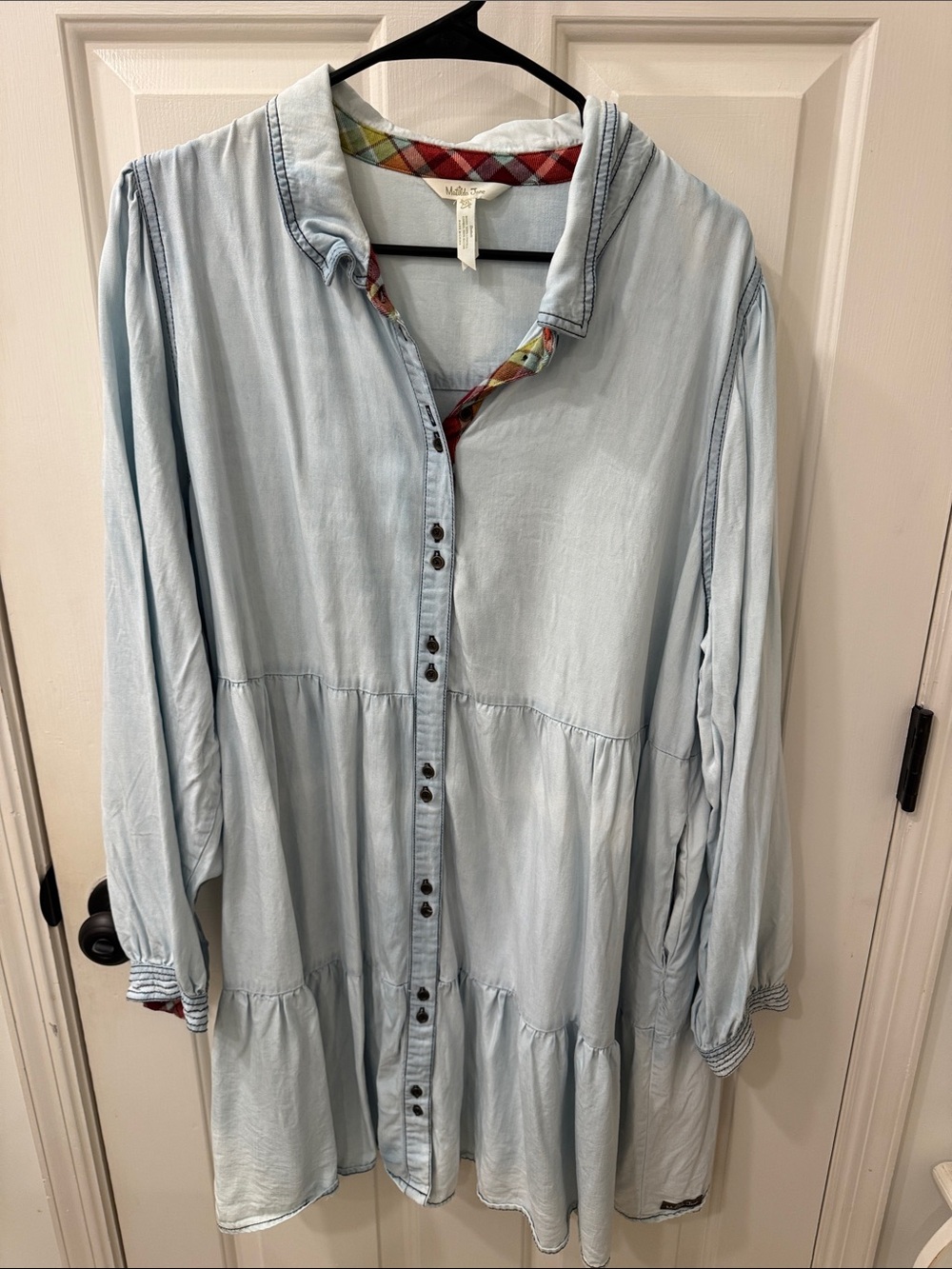 Matilda Jane Light Blue Button-Front Tiered Tunic with Plaid Trim